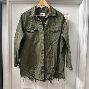 Highway Jeans Denim Distressed Olive Green 100% Cotton Grunge Jacket Size XL